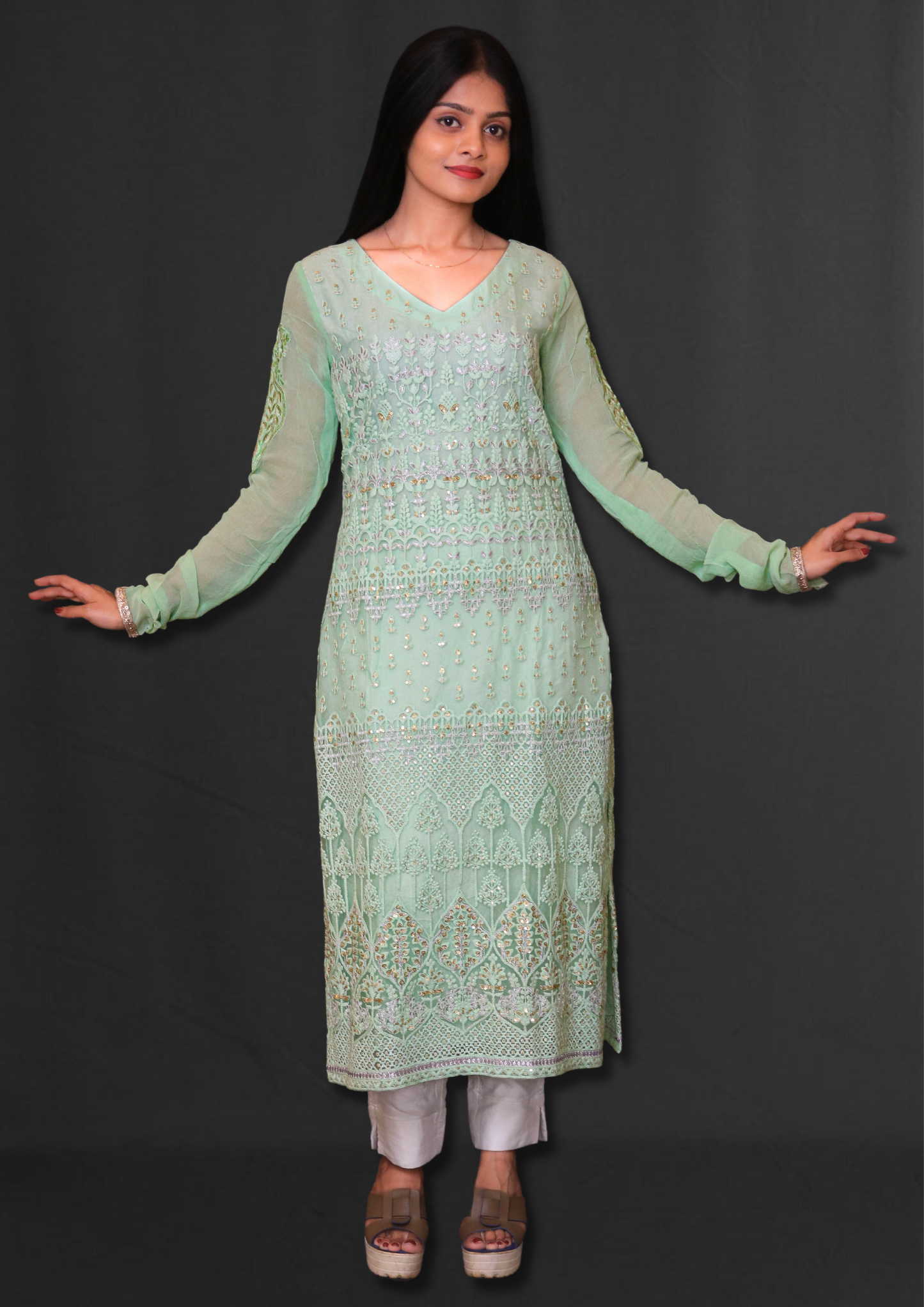 Lucknowi Mint Green Long Kurta