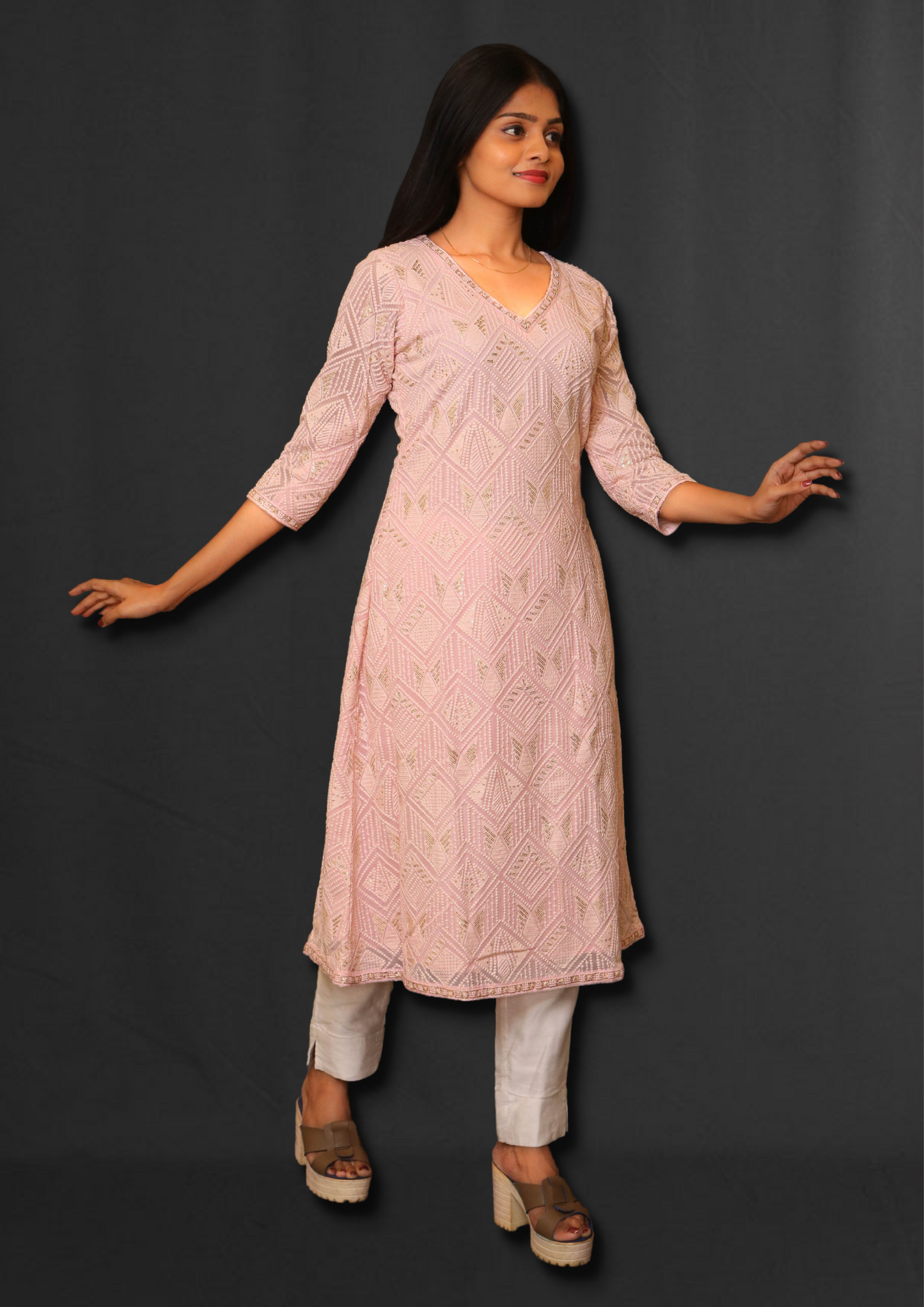 Lucknowi Long Pink Kurti