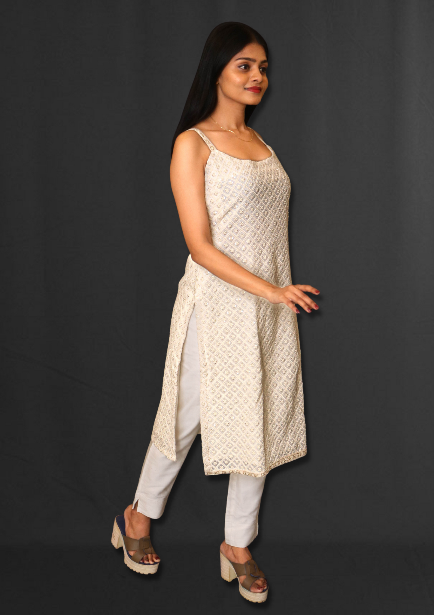 Lucknowi Spaghetti Strap Long Kurti