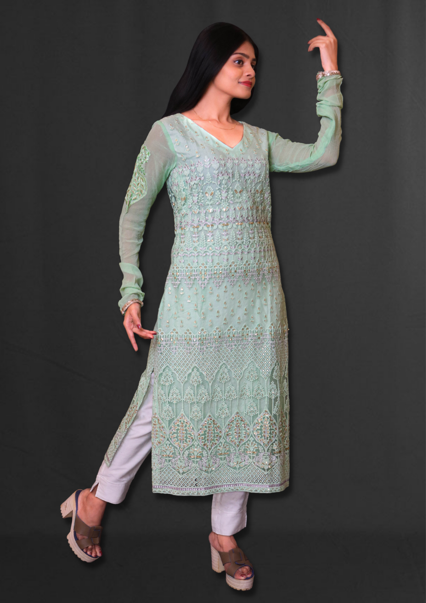Lucknowi Mint Green Long Kurta