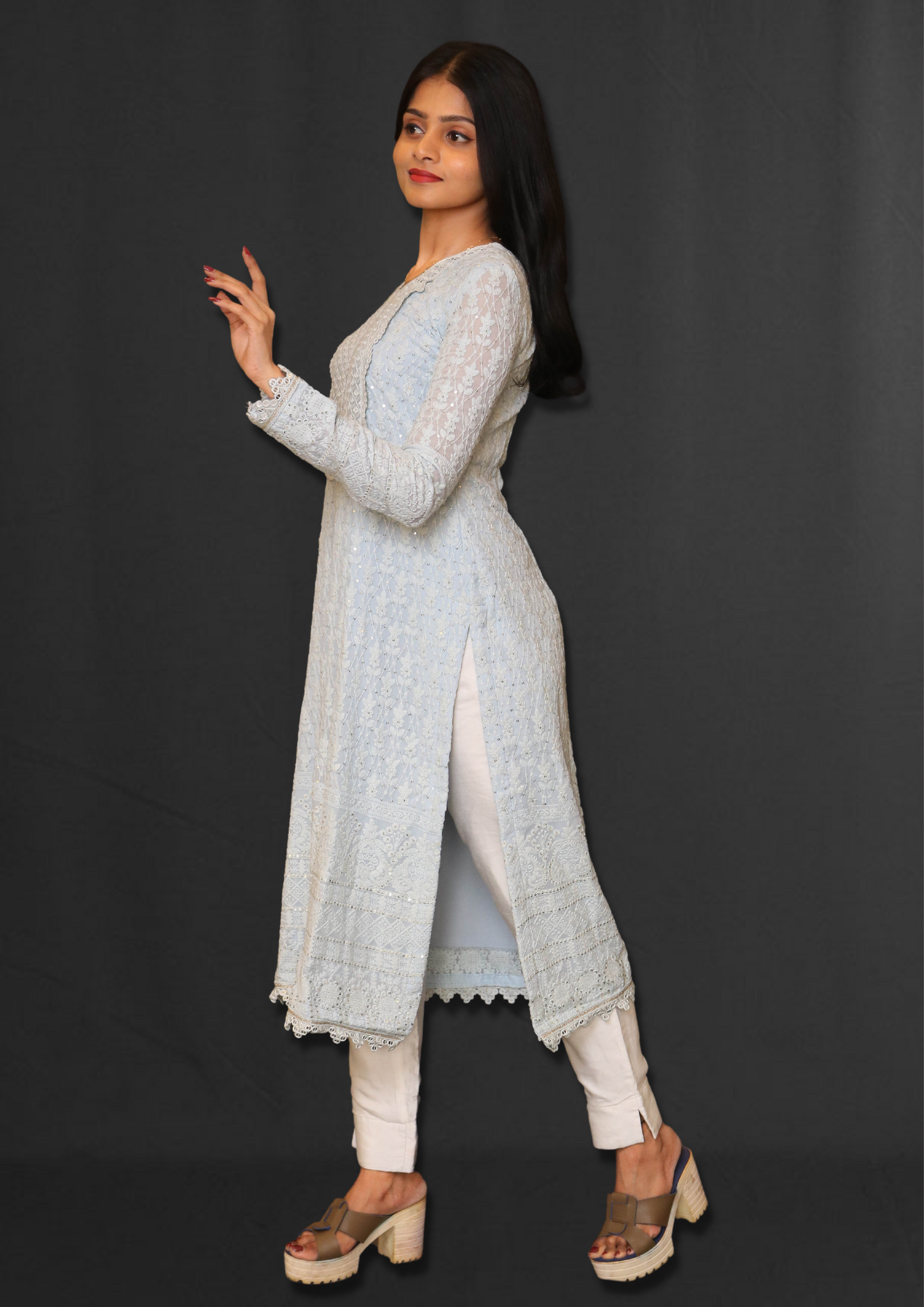 Lucknowi Powder Blue Long Kurta