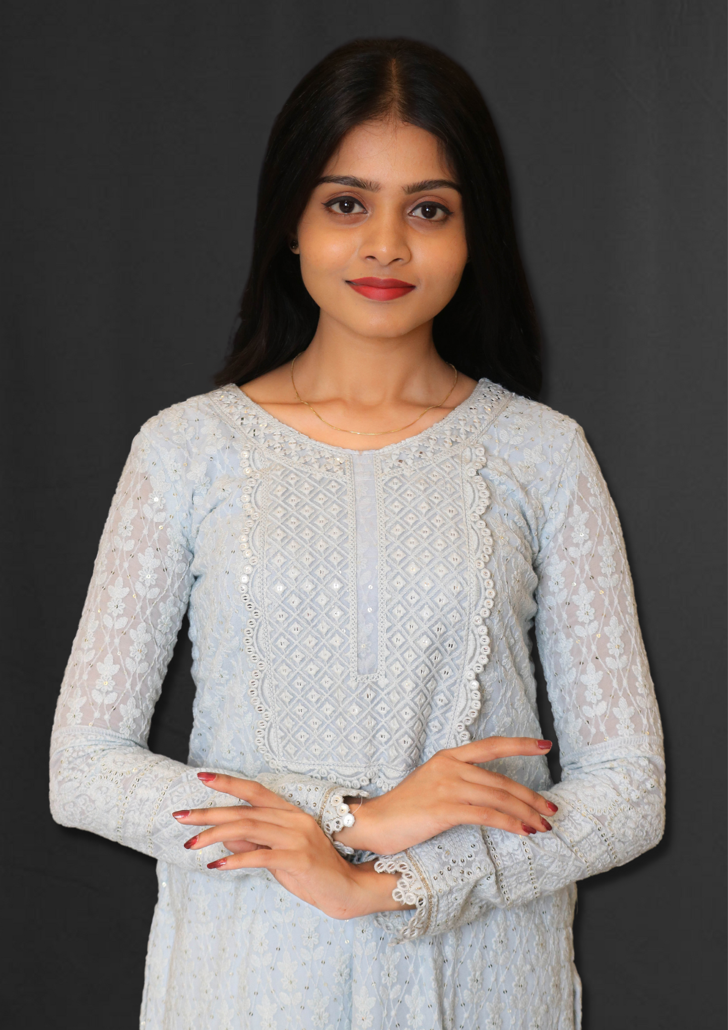 Lucknowi Powder Blue Long Kurta