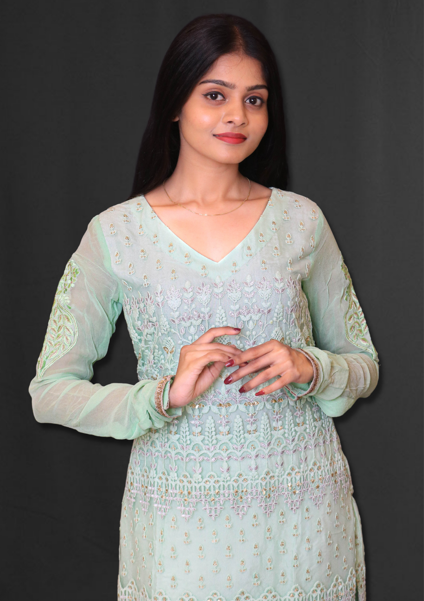 Lucknowi Mint Green Long Kurta