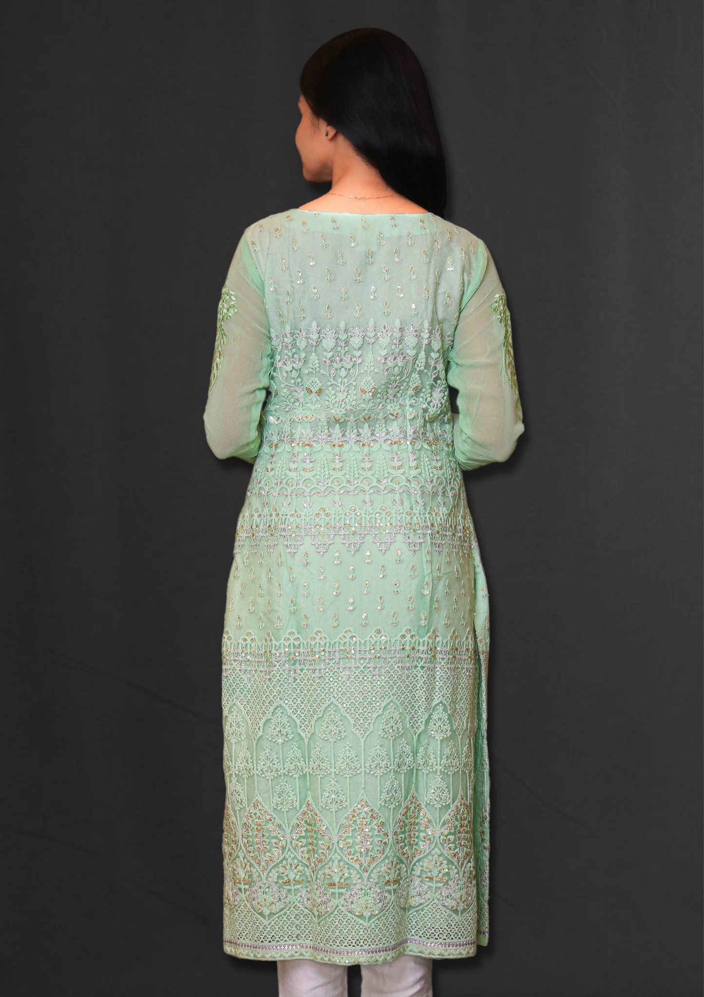 Lucknowi Mint Green Long Kurta