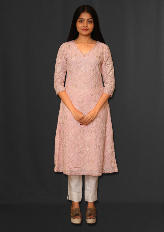 Lucknowi Long Pink Kurti