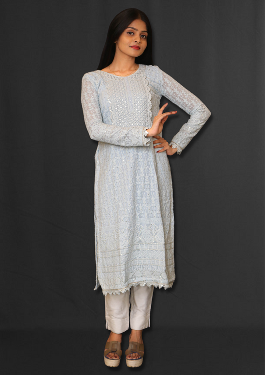 Lucknowi Powder Blue Long Kurta