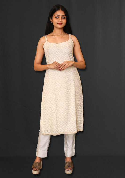 Lucknowi Spaghetti Strap Long Kurti